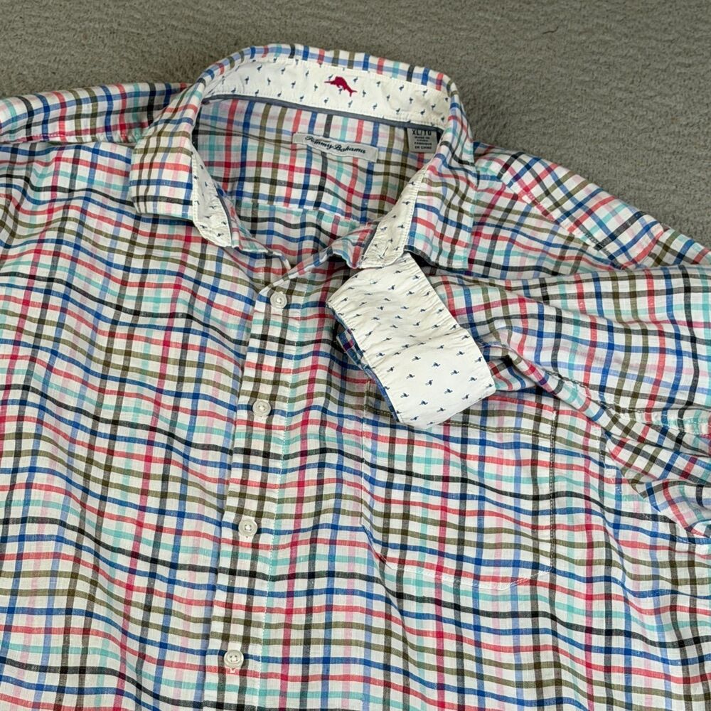 TOMMY BAHAMA Shirt Mens XL Blue Red Green Check Plaid Linen Blend Flip Cuff